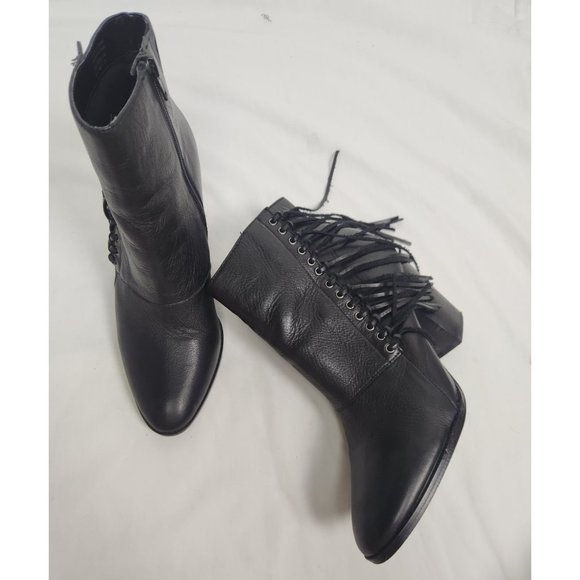 Aldo Women's Sz. 9 Black Leather Fringe Heeled Ankle Booties - Picture 1 of 7